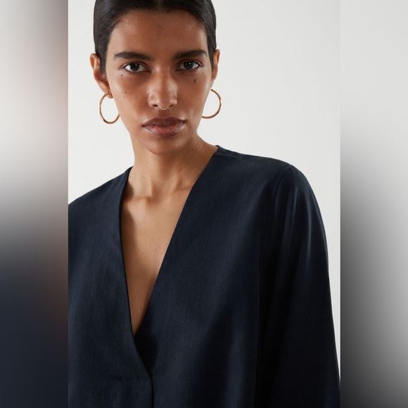 COS Black V-Neck Shirt Tunic Tencel Minimalist Dress with Pockets - Picture 3 of 16